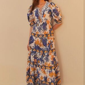 Farm Rio Off-White Summer Flowers Beaded Tassels Maxi Dress